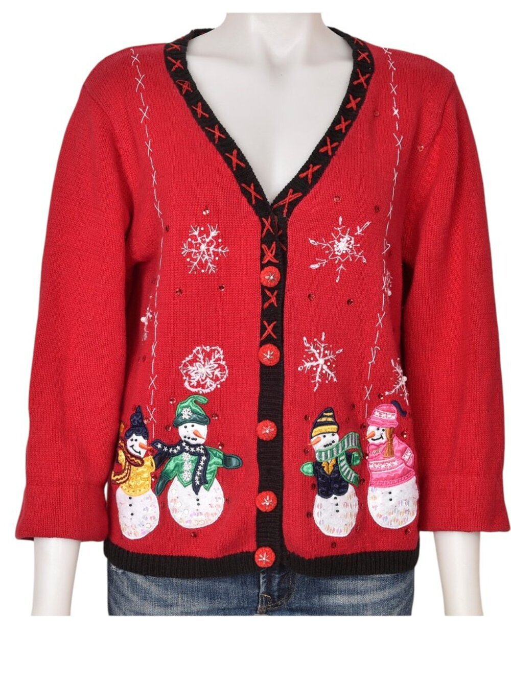Vintage Ugly Christmas Snowman Cardigan Sweater Red Knit Beaded Sequins Large